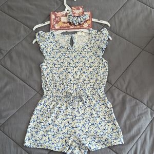 Floral Blue and White Kids Romper